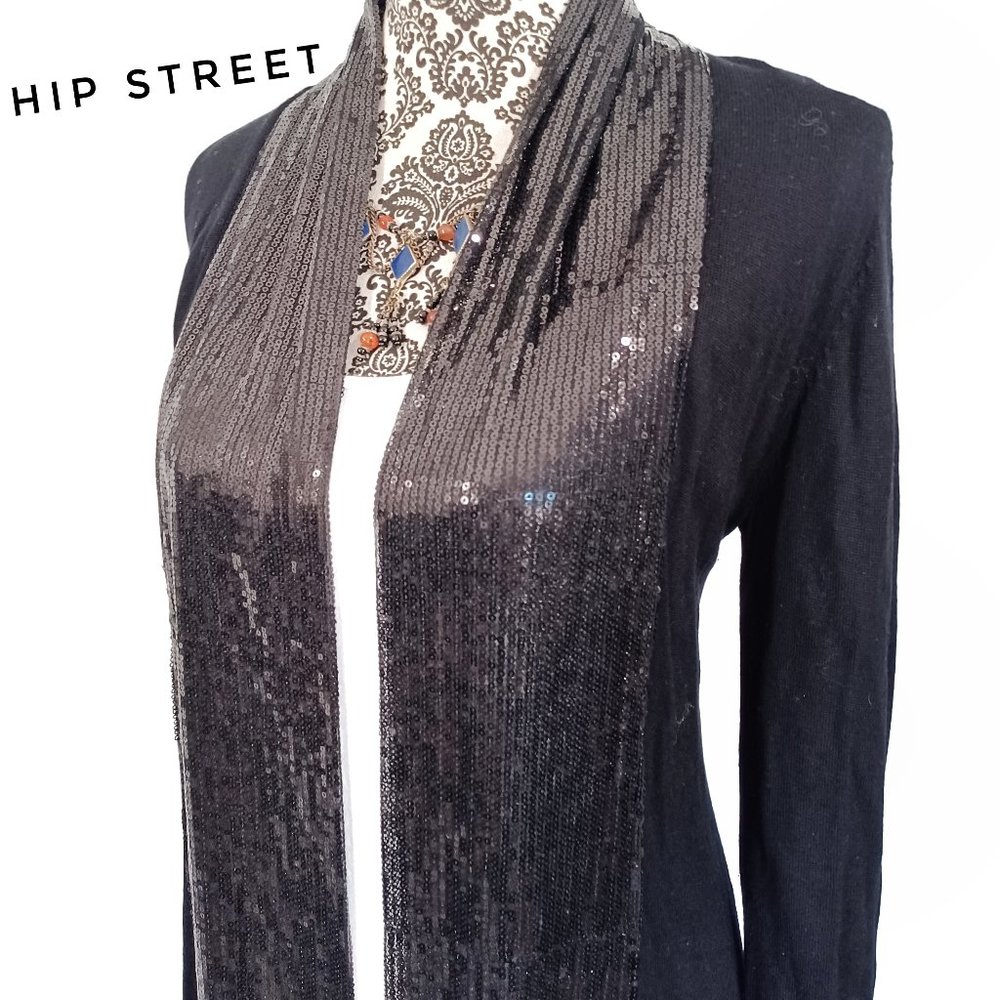 BELLDINI Wide Mini Sequin Panel Front Fine Knit LS Cardigan Evening Sweater M